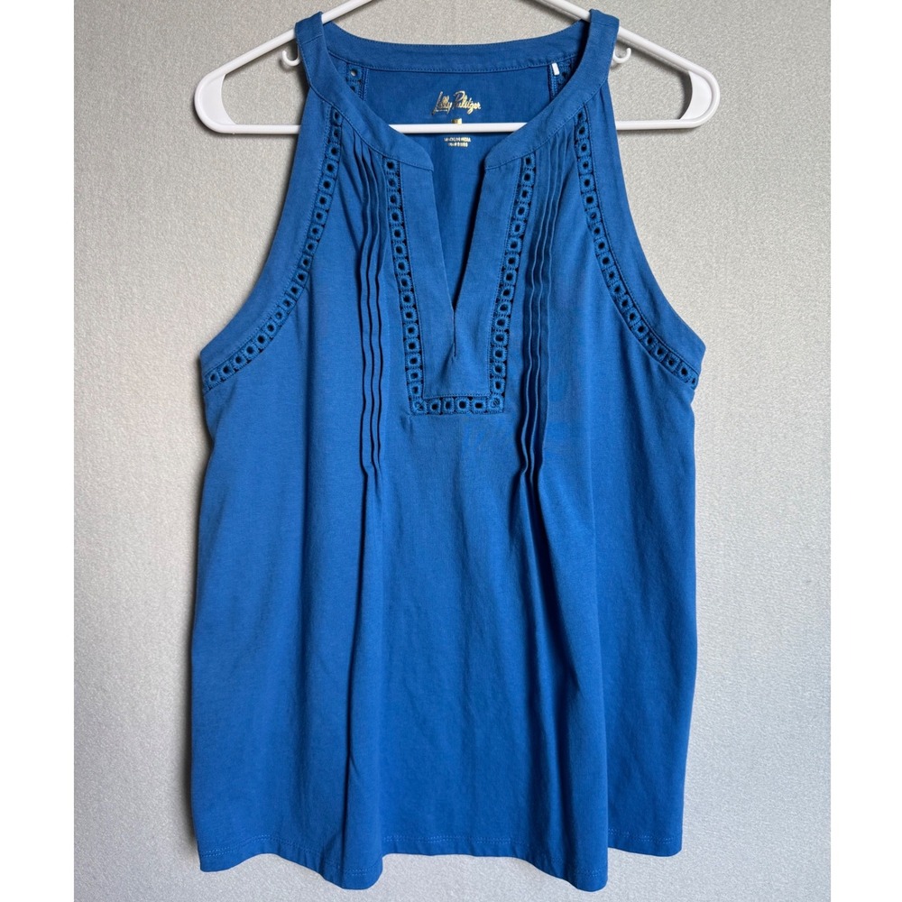 Lilly Pulitzer Isaac Knit Womens L Blue Halter Eyelet Pintuck Cotton Tank Top